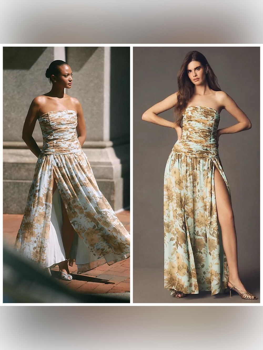 Anthropologie BHLDN Strapless Ruched Chiffon A Line Maxi Dress Blue Tan Size 10